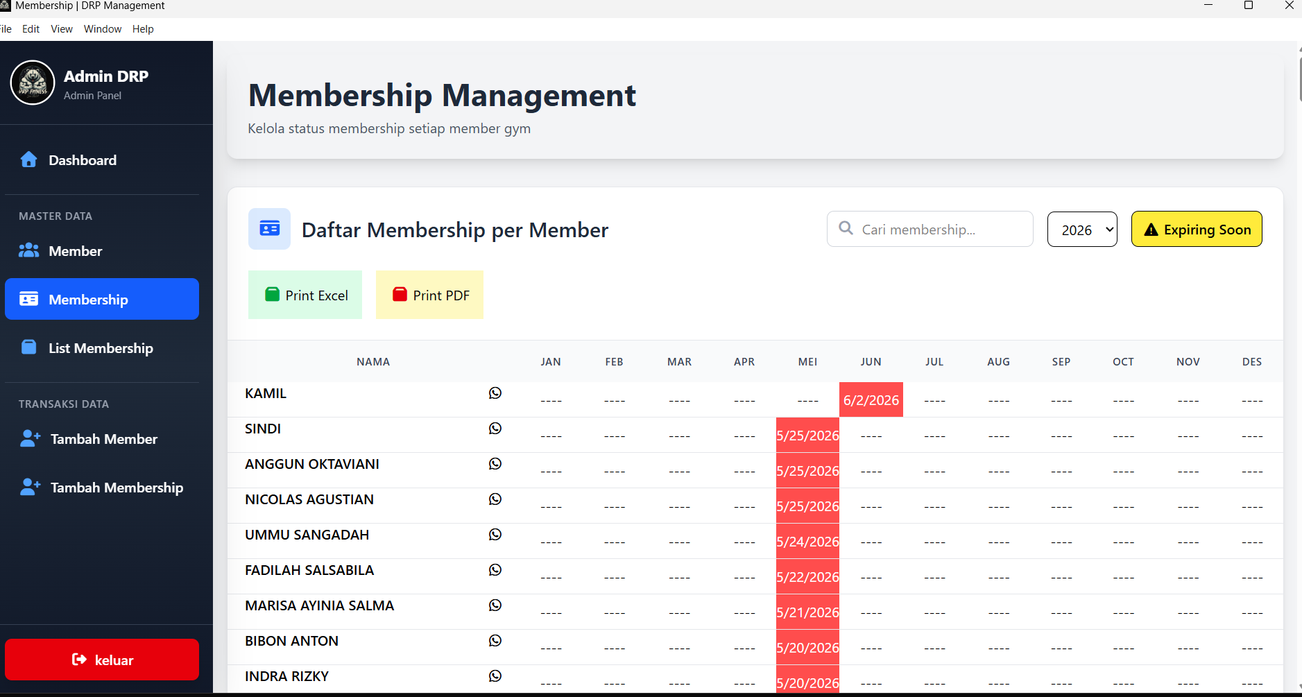 Gym Membership Management membership list