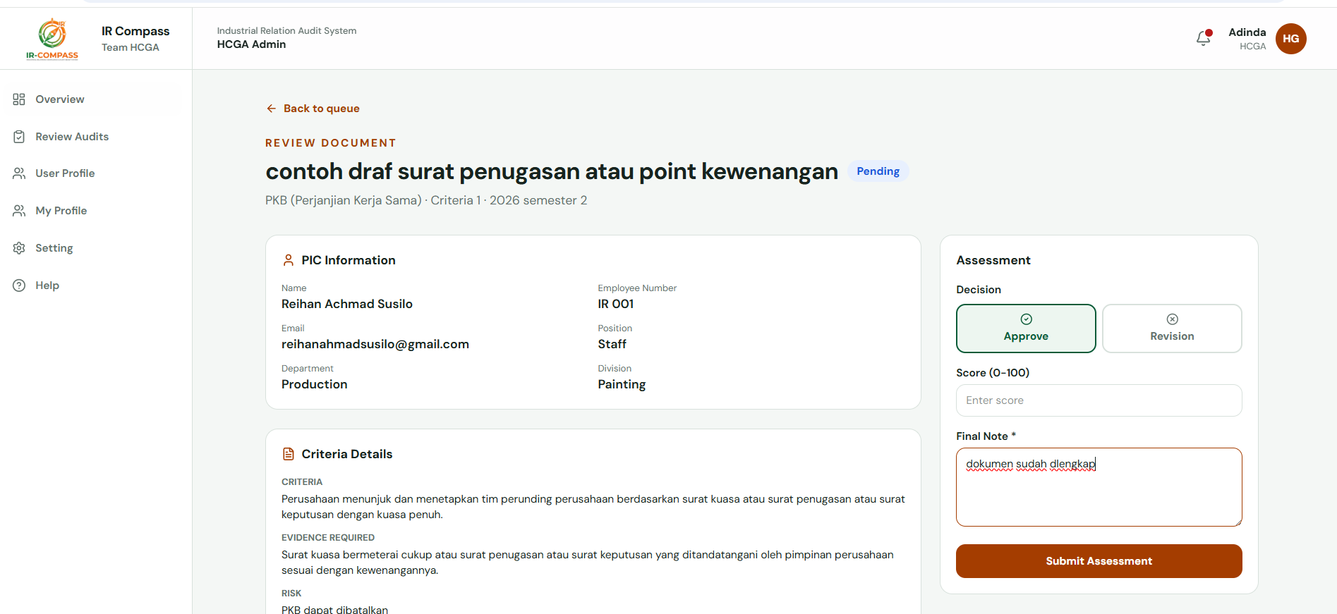 IR_COMPASS audit review page