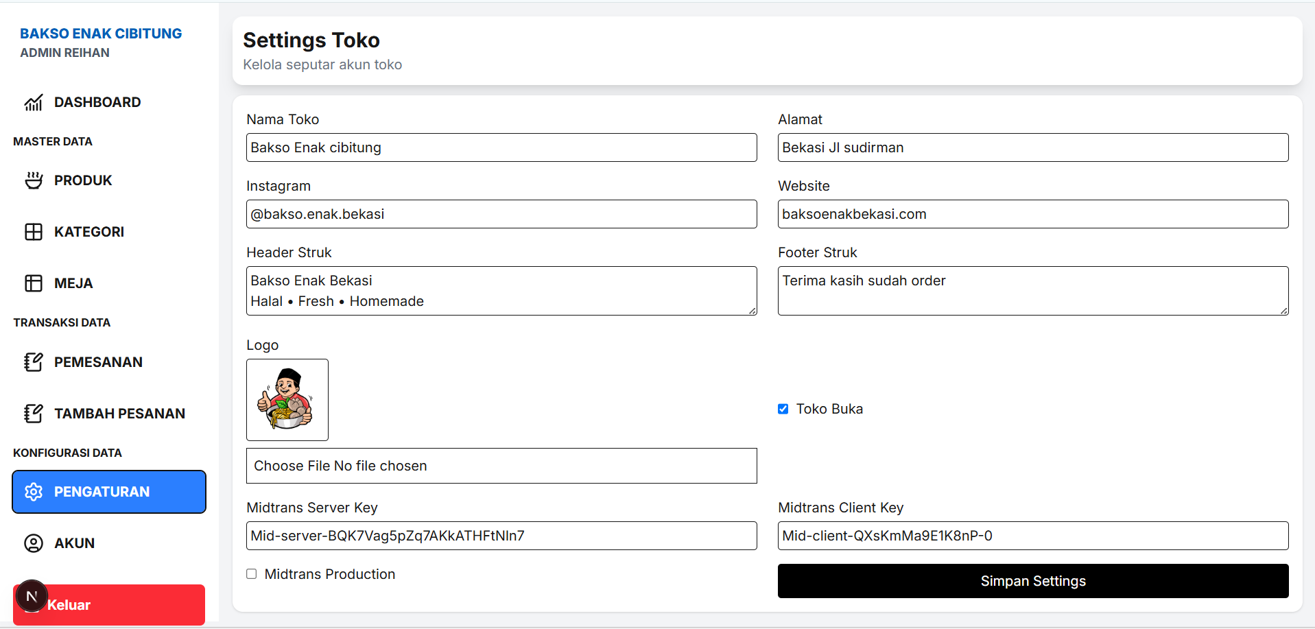 MANATOK settings page